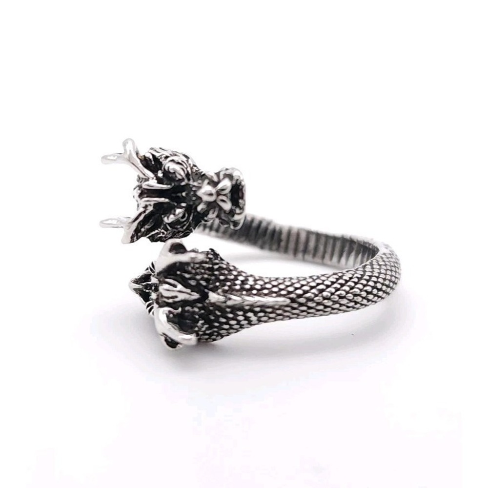 Dueling Dragon Head Ring Silver Plated Adjustable Fantasy Gothic Jewelry - Picture 2 of 9